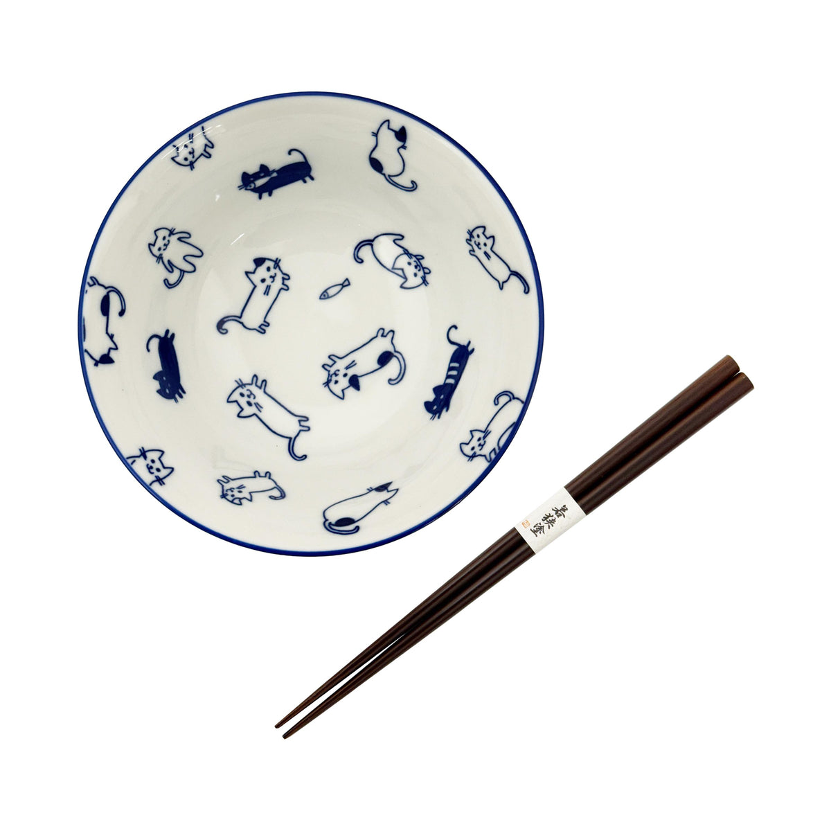 Yamata Seiho Ceramic Rice Bowl Set with Chopsticks, Dark Blue Cat Pattern